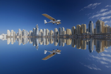 Aerotaxi gliding above coastal urban architecture, reflections on water and clear blue sky