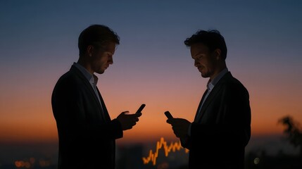 Two businessmen silhouetted at twilight looking at their smartphones with a glowing financial graph in the background