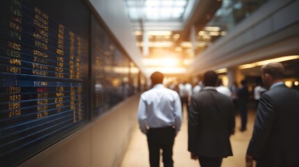 Obraz premium Business professionals walk through a modern financial interior illuminated by warm sunlight near a dynamic ticker display