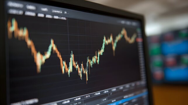 A close up view of a financial trading chart displaying market data with candlestick patterns on a digital screen - Powered by Adobe