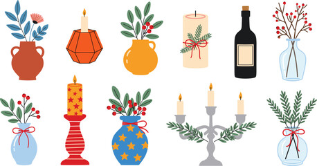 Modern Holiday and Celebration Table Decorations Vector Set with Candles, Vases, Wine Bottle, Pine Branches, and Red Berries for Festive Design