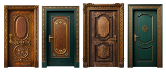 Vintage wooden door with gilding isolated on transparent background