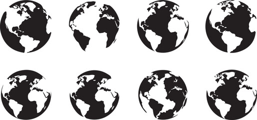 Eight rotating globe icons in black white