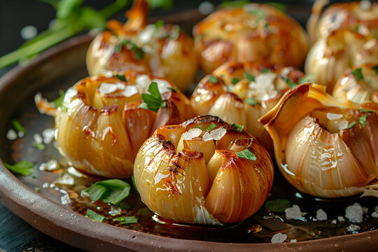 Gourmet roasted garlic heads with golden brown caramelization for culinary inspiration
