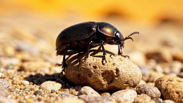 Darkling Beetle Climbing Over Rocky Ground in Bright Sunlight, Macro Shot