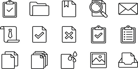 Essential Documents, Files, and Office Work Vector Line Icons Set, Including Checklists, Folders, Search, Mail, and Paper for Corporate Use.