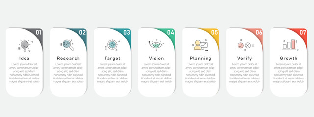Business infographic template. 7 Step timeline journey. Process diagram, 7 options on white background, Infograph elements, technology, education, modern vector illustration.