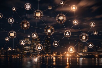 Modern cityscape at night with glowing network connections and icons