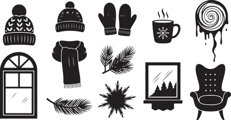 Cozy winter icons set for holiday design