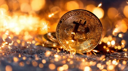 Obraz premium Bitcoin coins shine with sparkles in background during nighttime setting
