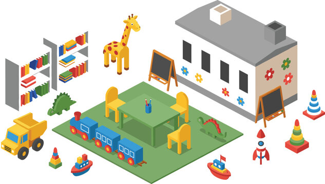 Vibrant vector illustration in an isometric style showing a detailed kindergarten classroom or daycare center, complete with toys, books, a table, and educational tools for early childhood learning.