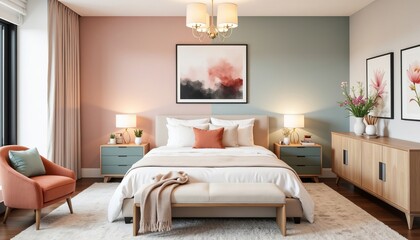Modern bedroom interior featuring two-tone wall design in soft pink and sage green, with cozy bed and contemporary furniture, color of the year 2026.