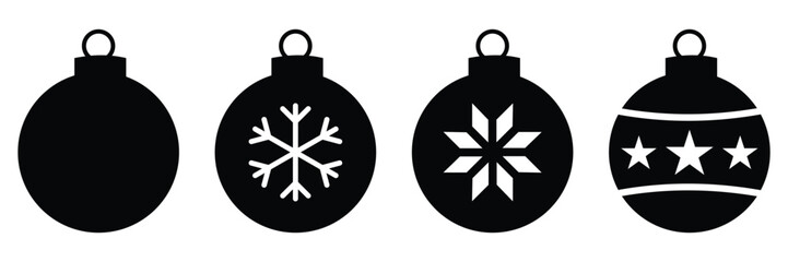 Christmas Balls Icon Set Vector: Festive Ornament Bauble Silhouette Collection. Solid Black Icons for
 Holiday Decoration, Season's Greetings, and Winter Design.