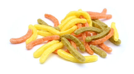Naturally Baked Veggie Straws Made From Tomatoes, Spinach and Potatoes on white background 