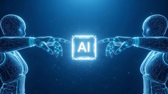 Futuristic robots holding glowing A I cube with digital hands in dark space background