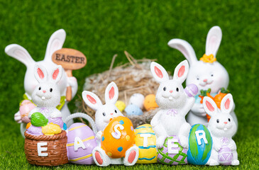 Easter decoration with bunnies and eggs.