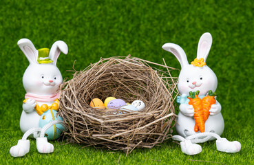 Easter decoration with bunnies and eggs.