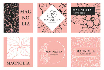 Square Floral Banners and Labels with Magnolia Flowers, Vector Illustration © Olesia