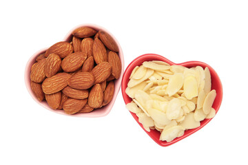 Fresh almond flakes and nuts in bowl isolated on white background