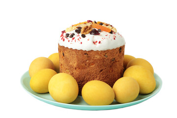 Traditional easter cakes with colorful sprinkles, with eggs isolated on white background.