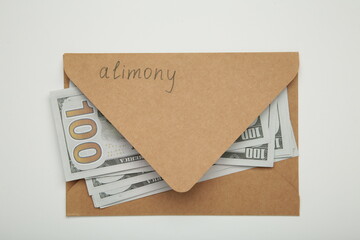 Envelope with word Alimony and money on white background. Space for text