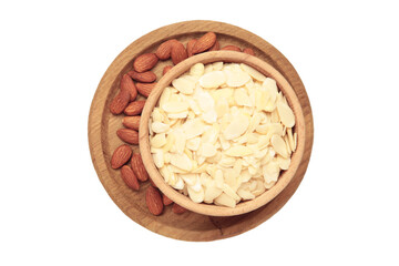 Fresh almond flakes and nuts in bowl isolated on white background