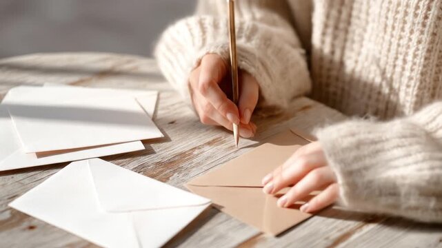 Close-up of a person writing on an envelope with a pencil, envelopes and paper on a wooden table