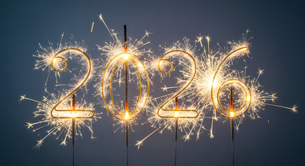 Sparkling 2026 numbers made of fireworks on dark background