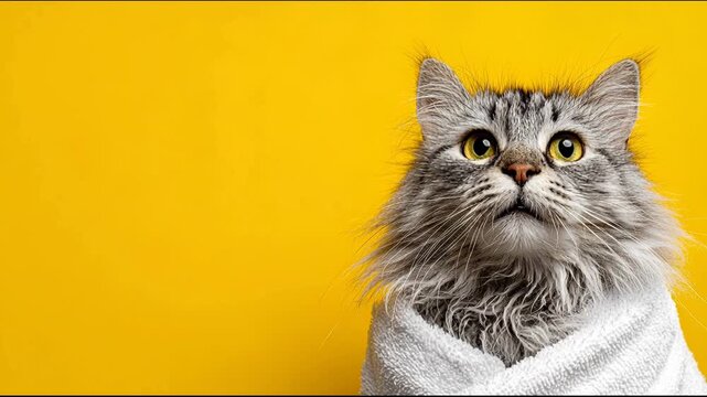  Fluffy gray cat wrapped in towel after bath, studio portrait, curious expression