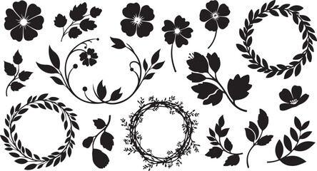Black floral and leaf silhouette design elements