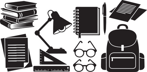 School and study supplies black silhouette icons