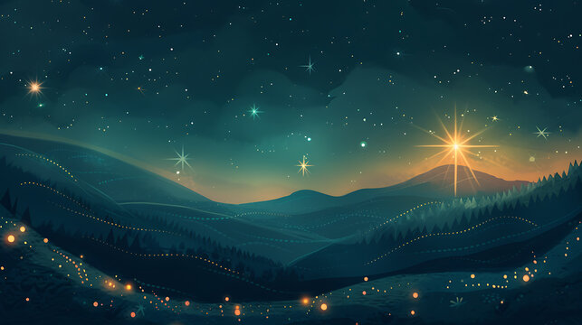 Minimalist Christmas night landscape with glowing Bethlehem star over rolling hills, soft lights, and magical winter atmosphere. Peaceful nativity-inspired illustration.