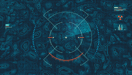topographic map with futuristic military radar for aiming target, graphic of terrain texture with army technology element © Jackie Niam
