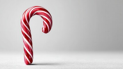 A festive red and white striped candy cane against a plain background