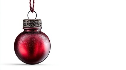 A single, sparkling red Christmas ornament hangs against a plain white background