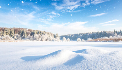 Winter forest edge with snow-covered trees and undulating snowdrifts under blue sky landscape