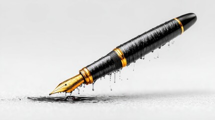 A luxurious black and gold pen drips ink, creating art on a clean surface