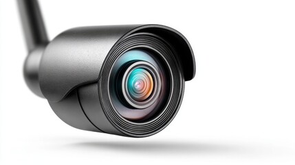 Close-up of a modern surveillance camera lens reflecting light