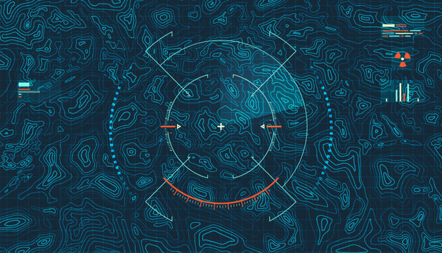 topographic map with futuristic military radar for aiming target, graphic of terrain texture with army technology element