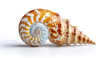 Intricate spiral seashell with patterned exterior and blue interior