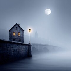 Mysterious fog enshrouds a lone building and bridge under a full moon