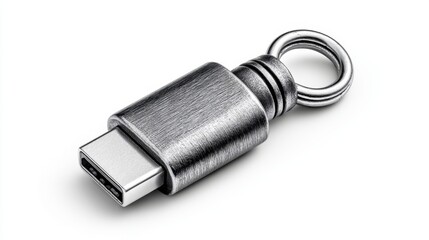 Metallic USB-C connector with keyring on white background