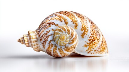 Ornate spiral seashell with creamy white and brown intricate patterns