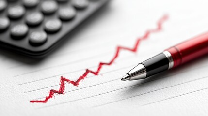 Red pen charts upward trend beside calculator