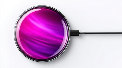 Round device with metallic rim and vibrant pink-purple abstract glow