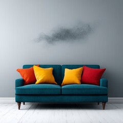 Teal sofa with vibrant pillows in modern room, smoke art above