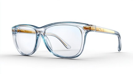 Transparent clear-rimmed eyeglasses with gold accents on a white background