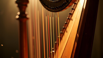 Eine eindrucksvolle Makroaufnahme einer Harfe in einer k&uuml;nstlerischen, filmischen Szene. Gestochen scharfe Details offenbaren den fein geschnitzten Holzrahmen. KI Generated 