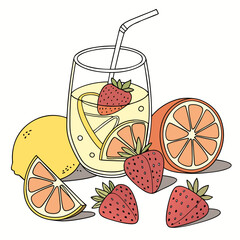 Cartoon of lemonade with strawberries and oranges lemons