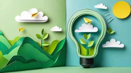 Paper art of green ecology and save energy for environment conservation concept landing page website template background.Vector illustration.